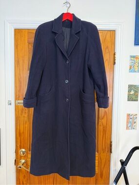 Wool Blend Long Trench Coat - Navy